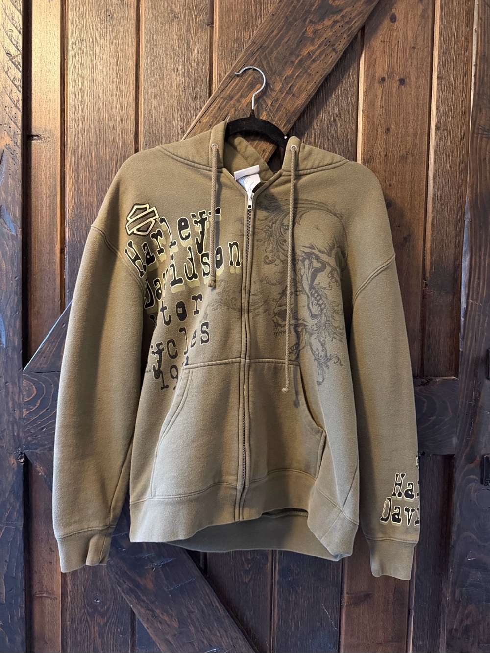 Harley-Davidson Temple Texas Zip Hoodie Mens M Olive Skull Graphic Y2K Biker